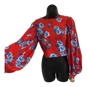 Red blue white floral boho balloon‎ sleeve blouse top size small brand new